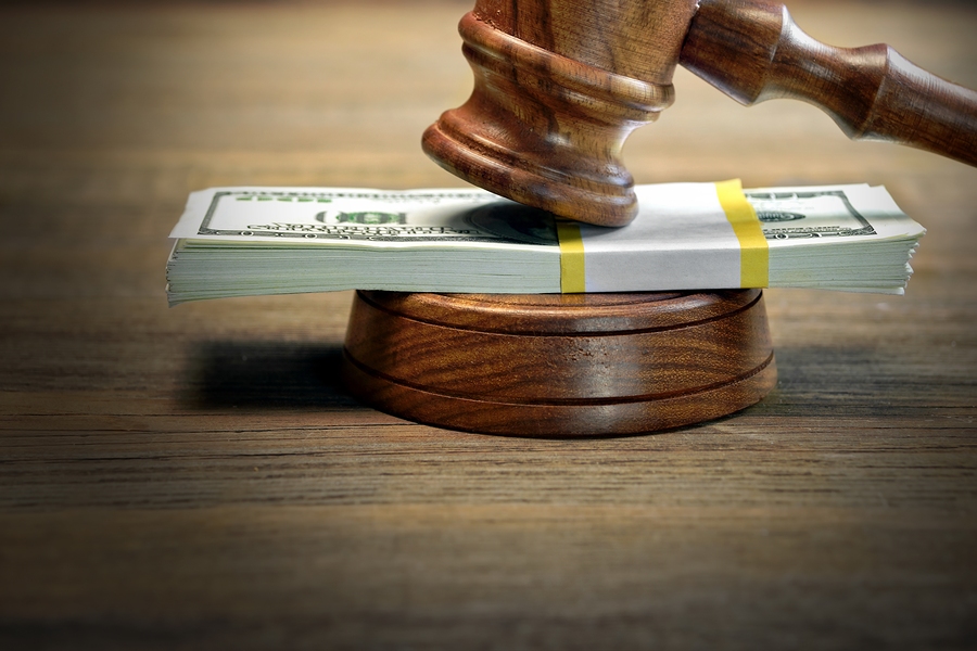 Judges or Auctioneer Gavel Soundboard And Bundle Of Dollar Cash On The Rough Wooden Table. Idea For Corruption Bankruptcy Court Bail Business And Financial Crime Bribing Fraud Auction Bidding